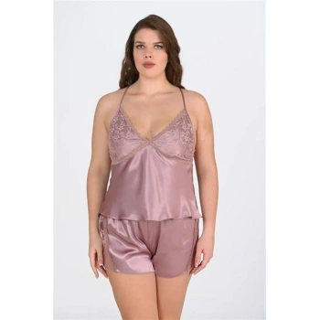 Vipmarketim Büyük Beden Dantel İşlemeli Vizon Saten Şort Takımı