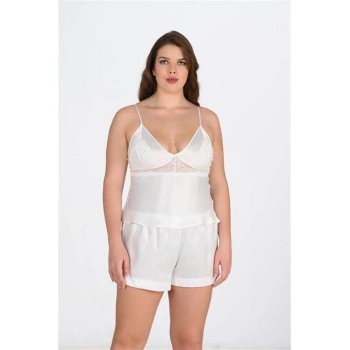 Vipmarketim Büyük Beden Ekru Saten Şort Takımı