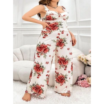 VipMarketim Büyük Beden Gül Desenli İnce Askılı Beyaz Salaş 2Li Takım