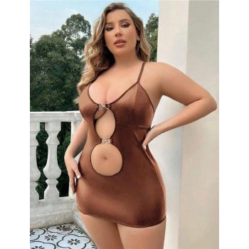 VipMarketim  Büyük Beden Kahverengi Deri Metal Aksesuarlı Fantezi Elbise