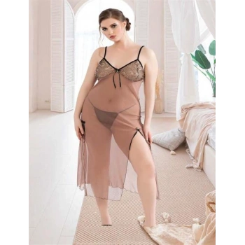 VipMarketim  Büyük Beden Kahverengi Tül Fantezi Uzun Yırtmaçlı Gecelik