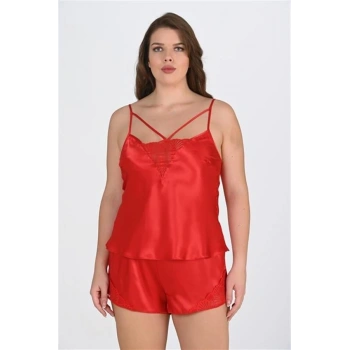 Vipmarketim Büyük Beden Kırmızı Dantel İşlemeli Saten Şortlu Gecelik Takımı