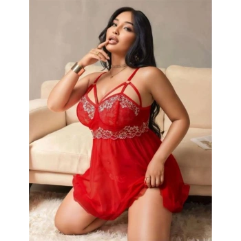VipMarketim  Büyük Beden Kırmızı Dantel İşlemeli Tül Gecelik