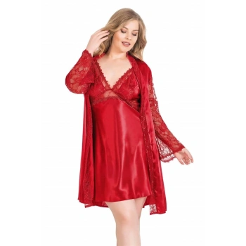 VipMarketim Büyük Beden Kırmızı Kısa İkili Saten Sabahlık Gecelik Takımı
