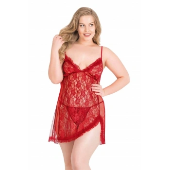 VipMarketim  Büyük Beden Kırmızı Kısa Tül Gecelik