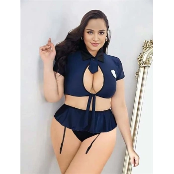 VipMarketim  Büyük Beden Lacivert Göğüs Detay Büstiyerli Kravatlı Mini Etekli Fantezi Polis Kostümü