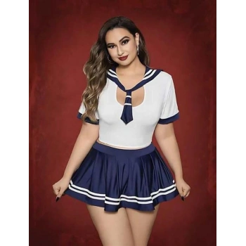 VipMarketim  Büyük Beden Lacivert Mini Etekli Fantezi Denizci Kostümü