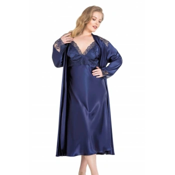 Vipmarketim Büyük Beden Lacivert Uzun İkili Saten Sabahlık Gecelik Takımı