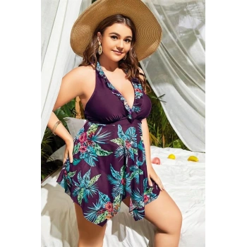 VipMarketim  Büyük Beden Mor Üstüne Çiçek Desenli Boyundan Bağlamalı Elbise