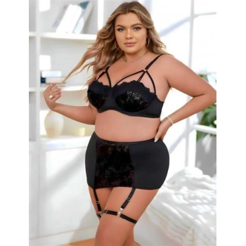 VipMarketim  Büyük Beden Siyah Dantel İşlemeli Dekolteli Jartiyer Takımı