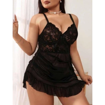 VipMarketim  Büyük Beden Siyah Dantel İşlemeli Fırfırlı Tül Gecelik