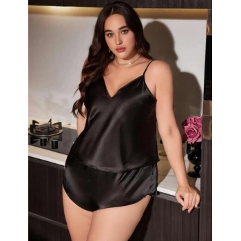 VipMarketim  Büyük Beden Siyah Saten Şortlu Takım