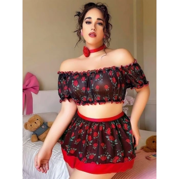 VipMarketim Büyük Beden Siyah Üstüne Gül Desenli Fantezi Etekli Büstiyer Takımı