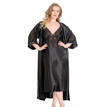 Vipmarketim Büyük Beden Siyah Uzun İkili Saten Sabahlık Gecelik Takımı