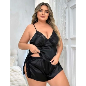 VipMarketim  Büyük Beden Siyah Yırtmaç Dantel İşlemeli Saten Şortlu Takım