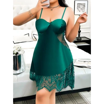 VipMarketim Büyük Beden Yeşil Dantel İşlemeli İnce Askılı Fantezi Gecelik