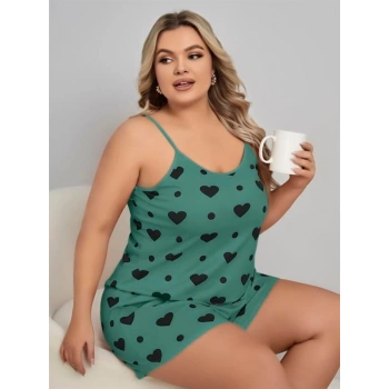 VipMarketim  Büyük Beden Yeşil Kalp Desen Pamuklu Şortlu Pijama Takımı