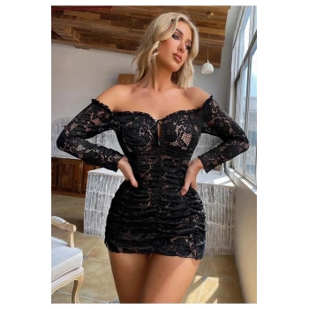 VipMarketim Büzgülü Dantelli Kayık Yaka Elbise Büyük Bedenlere Uygun