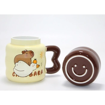 VipMarketim Capybara Tasarımlı Isı Muhafazalı Kapaklı Porselen Bardak