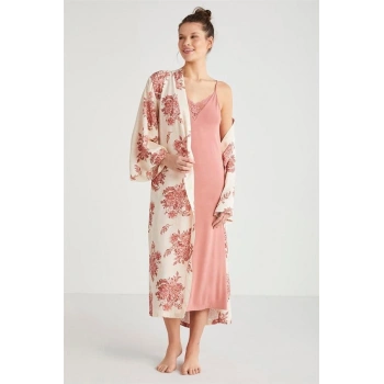 VipMarketim Catherines %100  Viskon Çiçek Desen 2li Sabahlık Gecelik Takımı