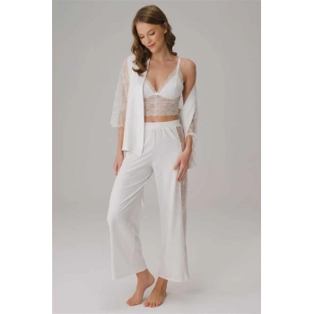 VipMarketim Çeyizlik İp Askılı V Yaka Kadın Düz Yazlık Uzun Dantel Detaylı Pijama Takımı Sabahlık Anıl (Kod:5783)