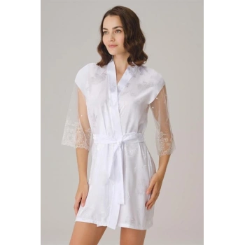 VipMarketim Çeyizlik Uzun Kol V Yaka Kadın Saten Düz Yazlık Mini Dantel Detaylı Sabahlık