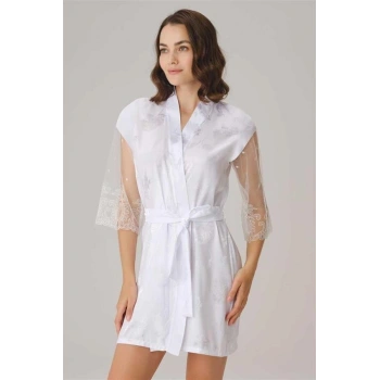 VipMarketim Çeyizlik Uzun Kol V Yaka Saten Düz Yazlık Mini Dantel Detaylı Sabahlık