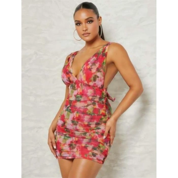 VipMarketim  Çiçek Desenli Büzgülü Arkadan Bağlamalı Fantezi Elbise