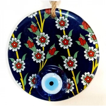 VipMarketim Çiçek Desenli Lacivert Nazar Boncuklu Füzyon Cam Duvar Süsü