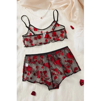 VipMarketim Çiçek Desenli Siyah Transparan Şortlu Gecelik TM1377