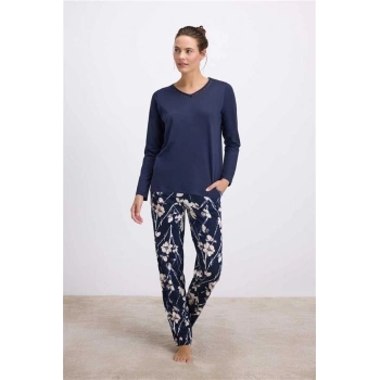 VipMarketim  Çiçek Desenli Uzun Kollu T-shirt Ve Pantolon Pijama Takımı