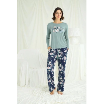 Vipmarketim Çiçek Ve Yaprak Desenli Baskılı Pijama Takımı
