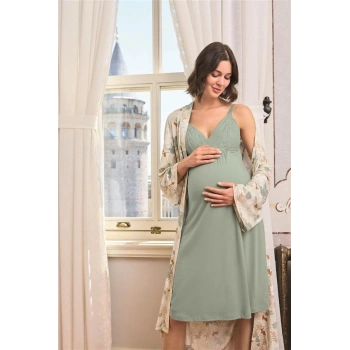 VipMarketim Çiçek Ve Yaprak Desenli Dantelli Hamile Lohusa Sabahlık Takımı