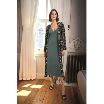 Vipmarketim Çiçek Ve Yaprak Desenli Dantelli Ve Dekolteli Sabahlık Takımı