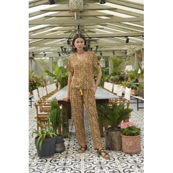 Vipmarketim Çiçek Ve Yaprak Desenli Önü Düğmeli Alt Üst Takım