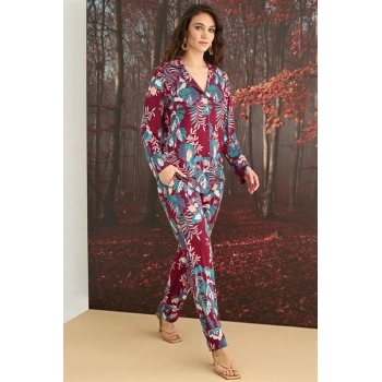 VipMarketim Çiçek Ve Yaprak Desenli Önü Düğmeli Pijama Takımı
