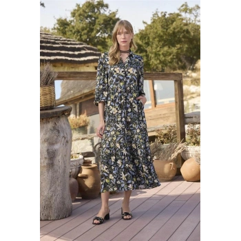 Vipmarketim Çiçek Ve Yaprak Desenli Truvakar Kollu Elbise