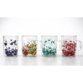VipMarketim Çift Camlı Çiçekli Borosilikat Kupa Bardak - Model 3