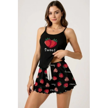 VipMarketim Çilek Baskılı Siyah Askılı Şortlu Pijama Takımı