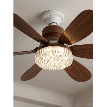 VipMarketim Crystal Aura 52 cm Ultra Sessiz Ahşap Renk LED Tavan Vantilatörü | 3 Kademeli Bakır Motor | Kumandalı Kristal Avize Vantilatör