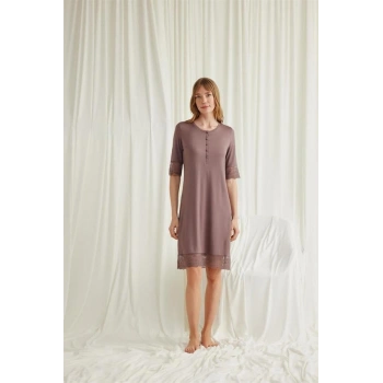 VipMarketim Dantel Detaylı Kısa Kollu Ve Önü Düğmeli Gecelik