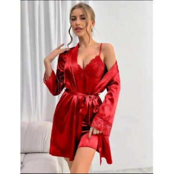 Vipmarketim Dantel İşlemeli İnce Askılı Kırmızı Saten 2li Gecelik Sabahlık Takımı