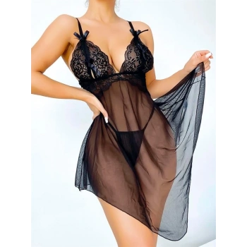 Vipmarketim Dantel İşlemeli Kurdelalı Fantezi Siyah Gecelik Takımı