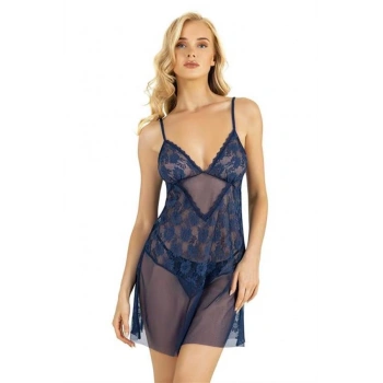 VipMarketim  Dantel İşlemeli Lacivert Kısa Tül Gecelik