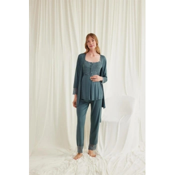 Vipmarketim Dantelli Önü Düğmeli Hamile Lohusa 3lü Viskon Pijama Takımı