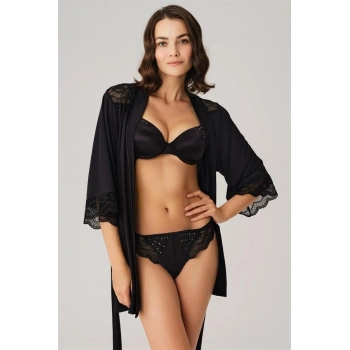 VipMarketim  Dantelli Sabahlık Balenli Destekli Dolgulu Taşlı Sütyen Ve String 3lü Takım