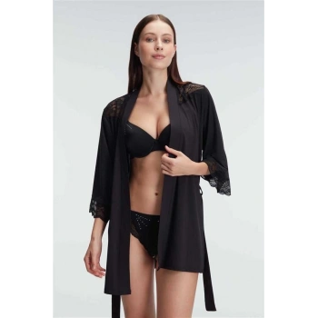 VipMarketim Dantelli Sabahlık Balenli Destekli Dolgulu Taşlı Sütyen Ve String 3Lü Takım