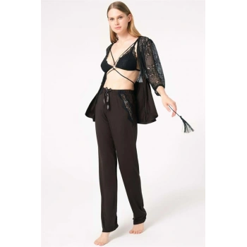 VipMarketim  Dantelli Sabahlık Balensiz Desteksiz Dolgusuz Yaka Detaylı Sütyen Ve Pantolon Pijama 3lü Takım