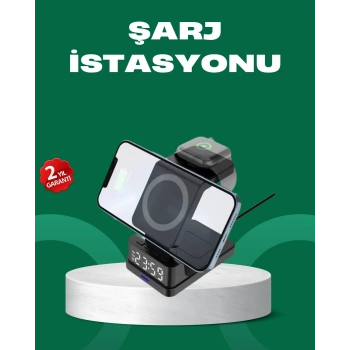 VipMarketim Dijital Saatli Kablosuz Şarj İstasyonu – 3’ü 1 Arada Apple Uyumlu Hızlı Şarj ve LED Ekran