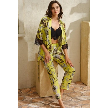 VipMarketim  Dokuma Viskon Çiçek Baskılı Dantelli Sabahlık Balenli Desteksiz Dolgusuz Büstiyer Sütyen Ve Pantolon Pijama 3lü Takım